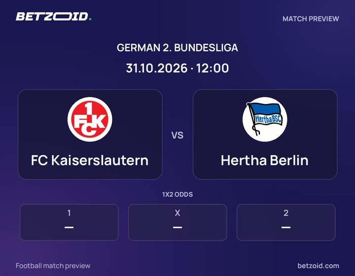 FC Kaiserslautern vs Hertha Berlin: German 2. Bundesliga match preview with team badges and kick-off details.