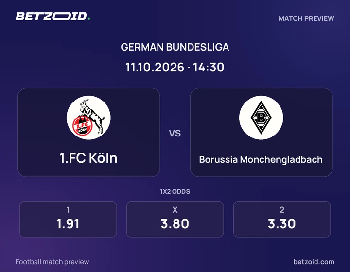 1.FC Köln vs Borussia Monchengladbach: German Bundesliga match preview with team badges and kick-off details.