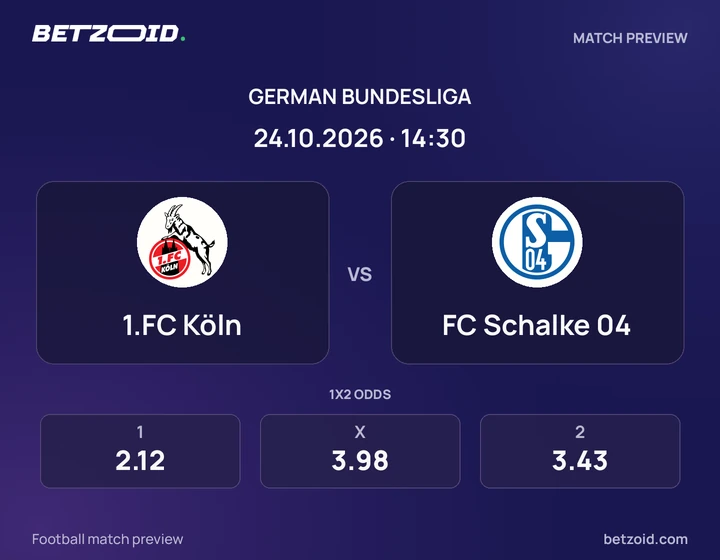 1.FC Köln – FC Schalke 04 1.FC Köln – FC Schalke 04: Spielvorschau zum Wettbewerb Bundesliga mit Teamlogos und Anstoßzeit.