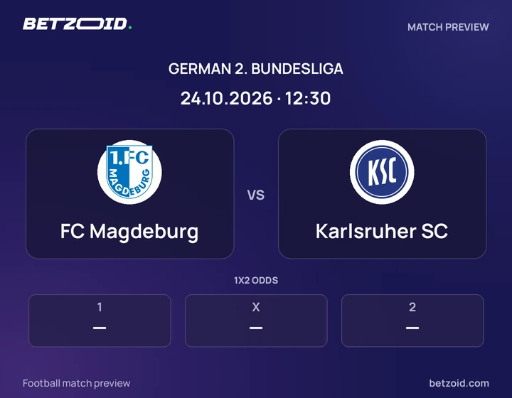 FC Magdeburg vs Karlsruher SC: German 2. Bundesliga match preview with team badges and kick-off details.