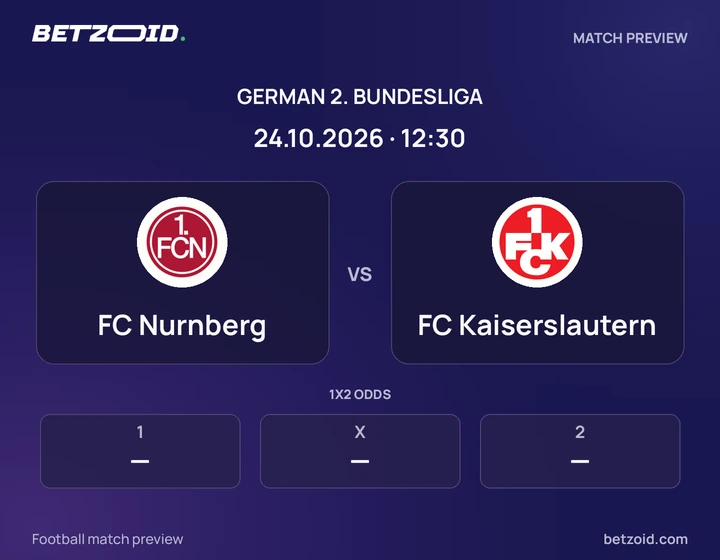 FC Nurnberg vs FC Kaiserslautern: German 2. Bundesliga match preview with team badges and kick-off details.