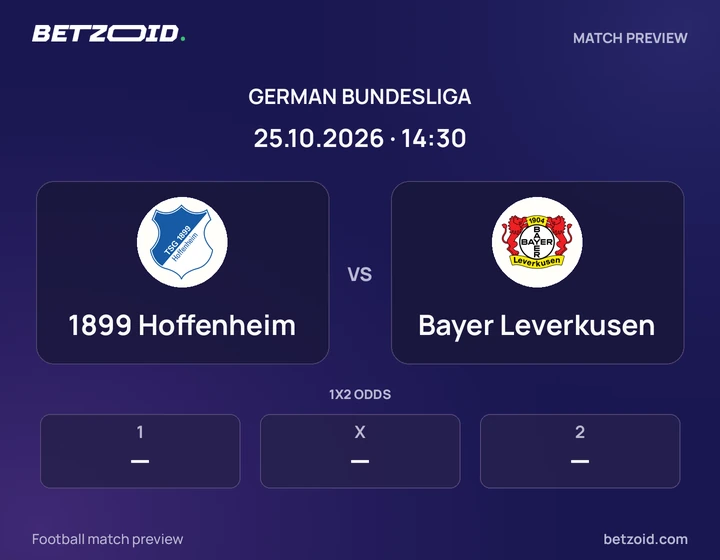1899 Hoffenheim vs Bayer Leverkusen: German Bundesliga match preview with team badges and kick-off details.