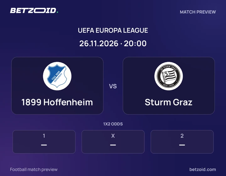 1899 Hoffenheim vs Sturm Graz: UEFA Europa League match preview with team badges and kick-off details.