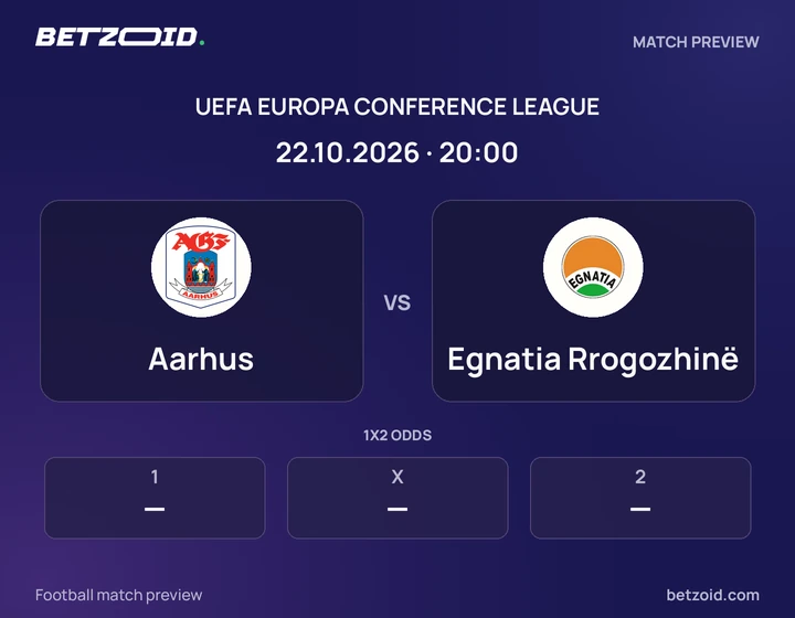 Aarhus vs Egnatia Rrogozhinë: UEFA Europa Conference League match preview with team badges and kick-off details.