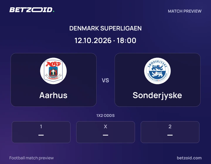 Aarhus - Sonderjyske Aarhus vs Sonderjyske: Denmark Superligaen match preview with team badges and kick-off details.