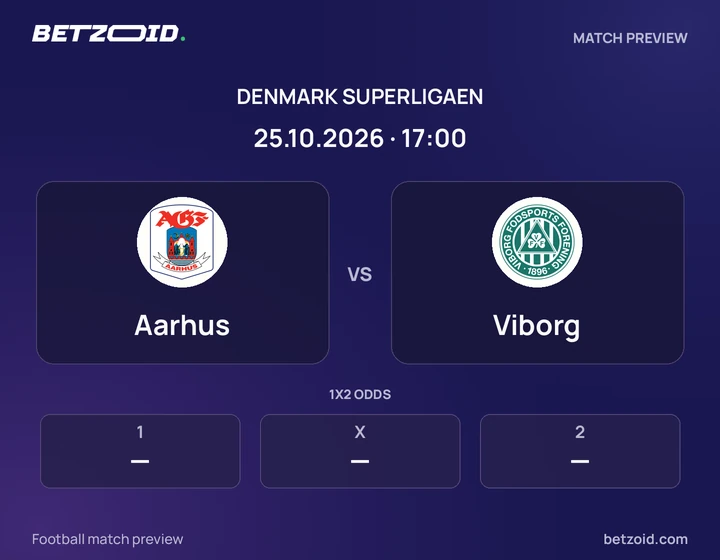 Aarhus vs Viborg: Denmark Superligaen match preview with team badges and kick-off details.