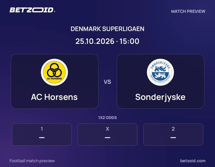 AC Horsens vs Sonderjyske: Denmark Superligaen match preview with team badges and kick-off details.