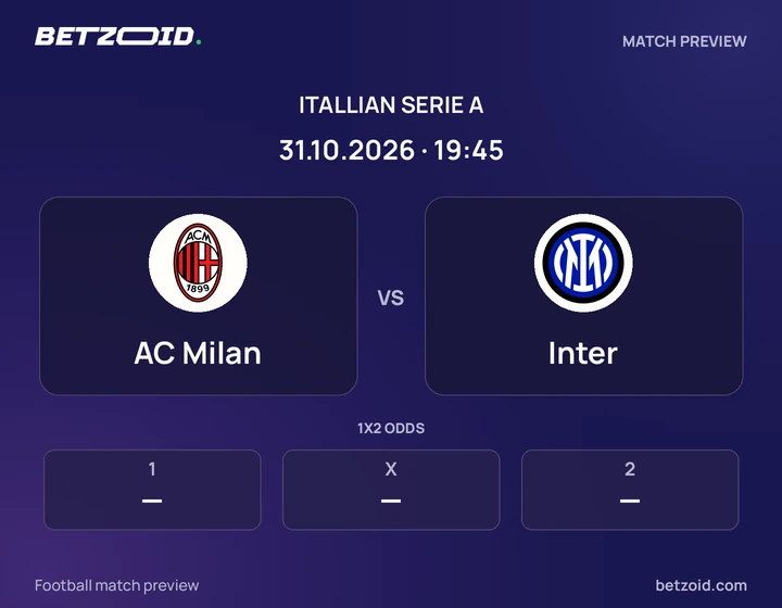 AC Milan vs Inter: Itallian Serie A match preview with team badges and kick-off details.