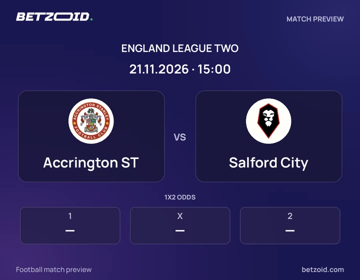 Accrington ST vs Salford City: England League Two match preview with team badges and kick-off details.