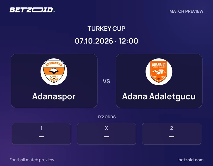 Adanaspor vs Adana Adaletgucu: Turkey Cup match preview with team badges and kick-off details.