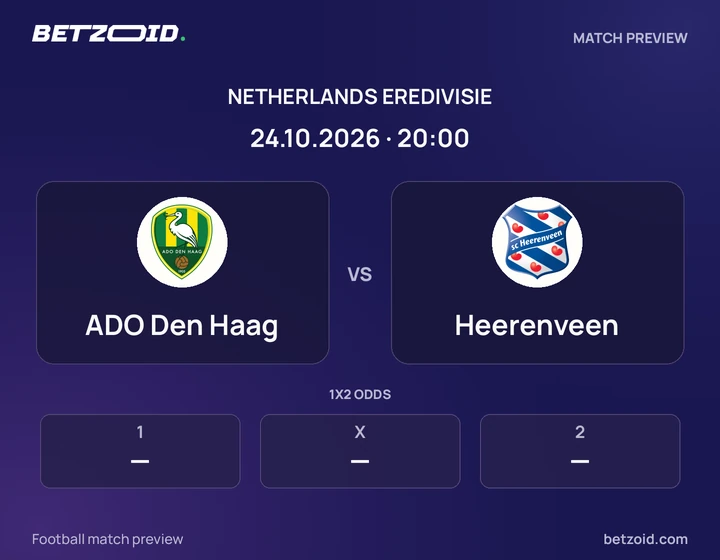 ADO Den Haag vs Heerenveen: Netherlands Eredivisie match preview with team badges and kick-off details.
