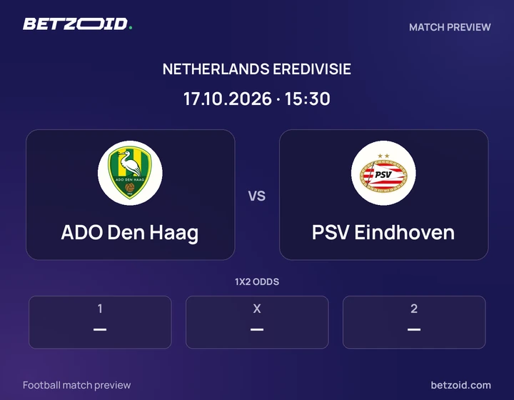 ADO Den Haag - PSV Eindhoven ADO Den Haag vs PSV Eindhoven: Netherlands Eredivisie match preview with team badges and kick-off details.