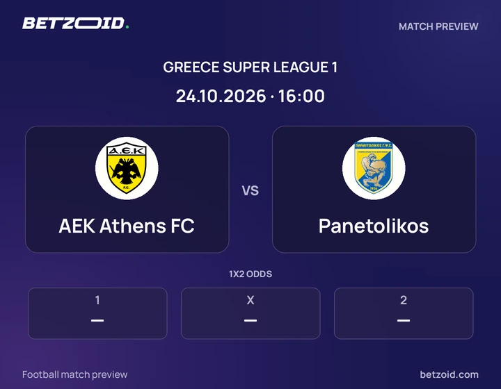 AEK Athens FC vs Panetolikos: Greece Super League 1 match preview with team badges and kick-off details.