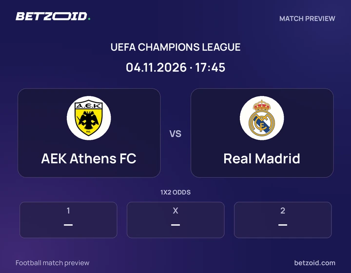 AEK Athens FC vs Real Madrid: UEFA Champions League match preview with team badges and kick-off details.
