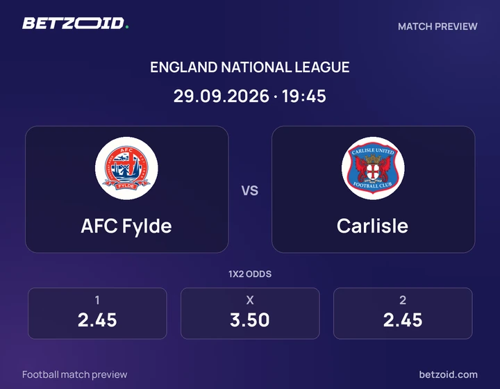 AFC Fylde vs Carlisle: England National League match preview with team badges and kick-off details.