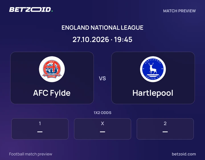 AFC Fylde vs Hartlepool: England National League match preview with team badges and kick-off details.
