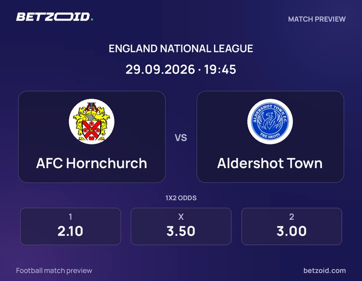 AFC Hornchurch - Aldershot Town AFC Hornchurch vs Aldershot Town: England National League match preview with team badges and kick-off details.