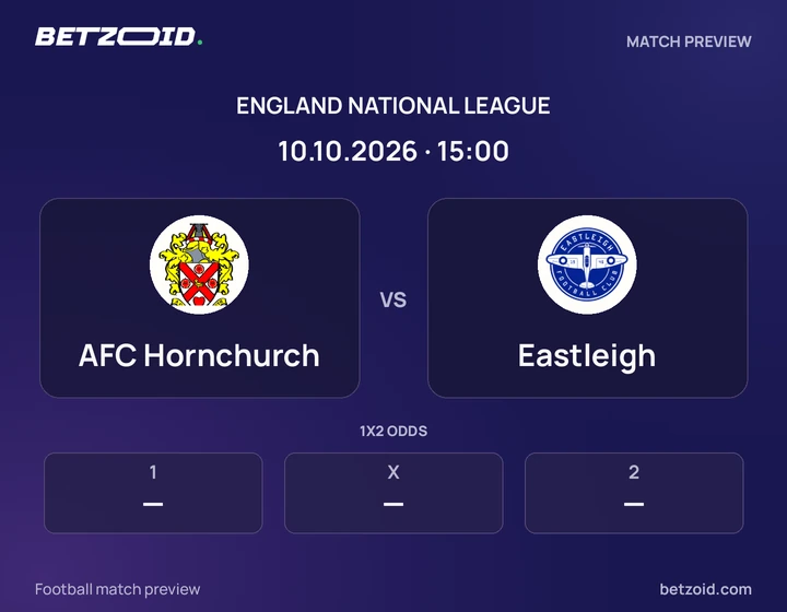 AFC Hornchurch vs Eastleigh: England National League match preview with team badges and kick-off details.