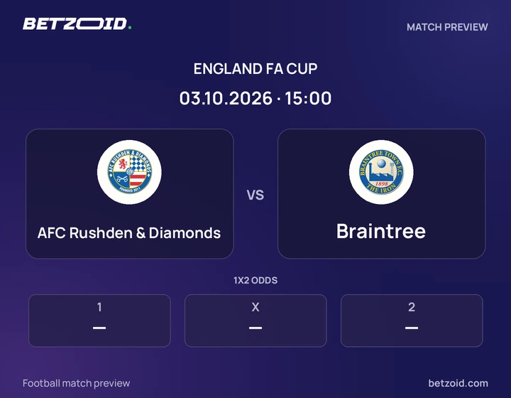 AFC Rushden & Diamonds vs Braintree: England FA Cup match preview with team badges and kick-off details.