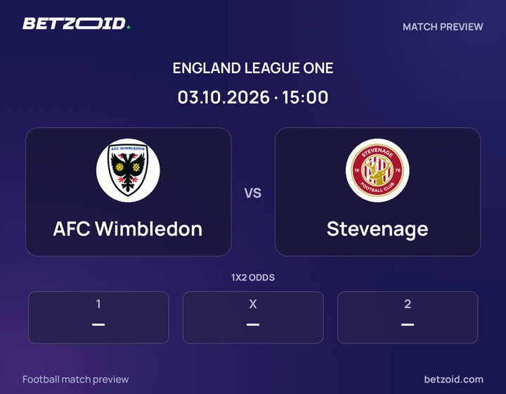 AFC Wimbledon vs Stevenage: England League One match preview with team badges and kick-off details.