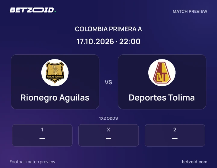 Rionegro Aguilas vs Deportes Tolima: Colombia Primera A match preview with team badges and kick-off details.
