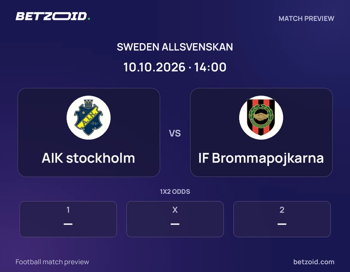 AIK stockholm vs IF Brommapojkarna: Sweden Allsvenskan match preview with team badges and kick-off details.