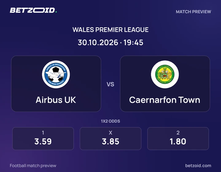 Airbus UK - Caernarfon Town Airbus UK vs Caernarfon Town: Wales Premier League match preview with team badges and kick-off details.