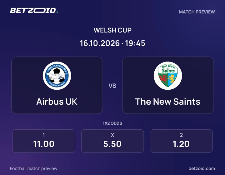 Airbus UK - The New Saints Airbus UK vs The New Saints: Welsh Cup match preview with team badges and kick-off details.