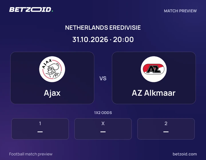 Ajax - AZ Alkmaar Ajax vs AZ Alkmaar: Netherlands Eredivisie match preview with team badges and kick-off details.