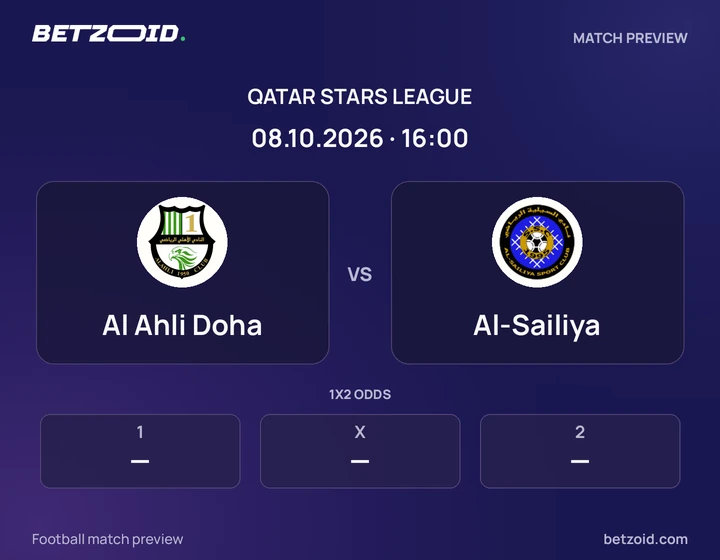 Al Ahli Doha vs Al-Sailiya: Qatar Stars League match preview with team badges and kick-off details.