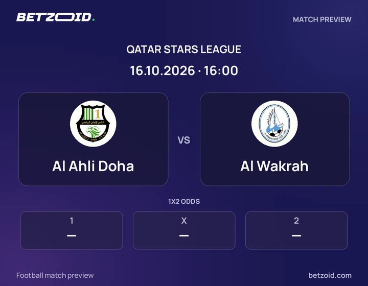 Al Ahli Doha vs Al Wakrah: Qatar Stars League match preview with team badges and kick-off details.