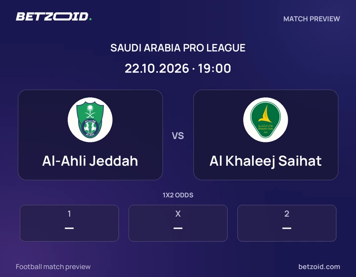 Al-Ahli Jeddah vs Al Khaleej Saihat: Saudi Arabia Pro League match preview with team badges and kick-off details.