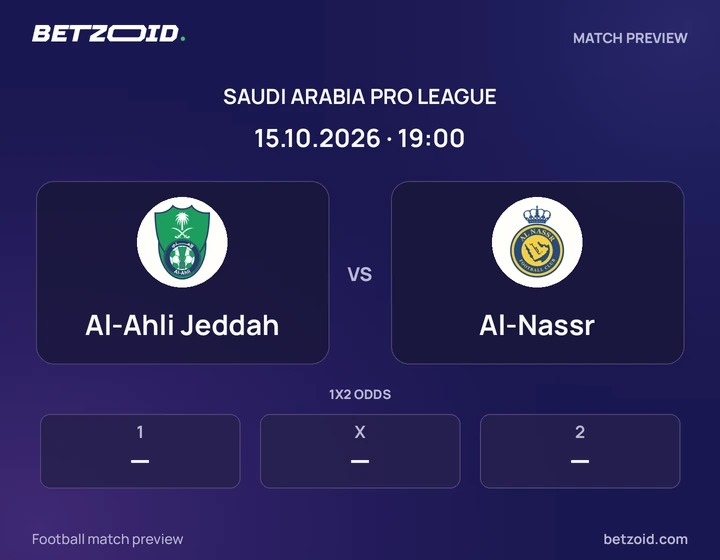 Al-Ahli Jeddah vs Al-Nassr: Saudi Arabia Pro League match preview with team badges and kick-off details.
