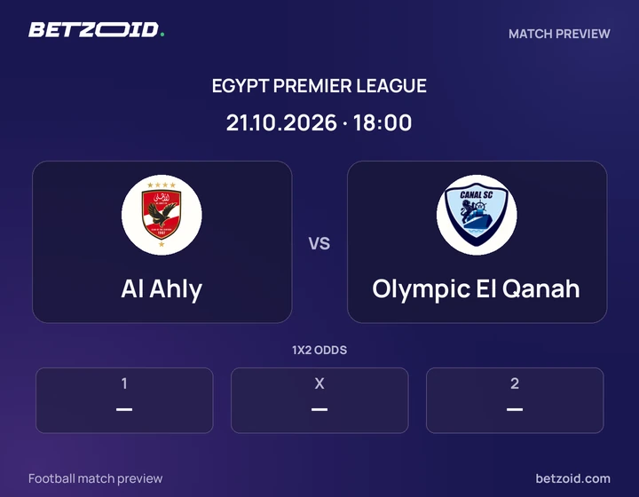 Al Ahly vs Olympic El Qanah: Egypt Premier League match preview with team badges and kick-off details.