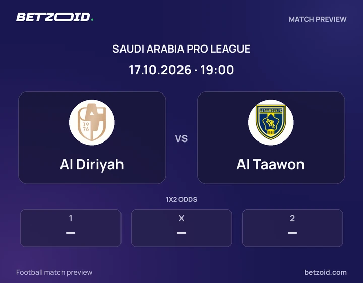 Al Diriyah - Al Taawon Al Diriyah vs Al Taawon: Saudi Arabia Pro League match preview with team badges and kick-off details.