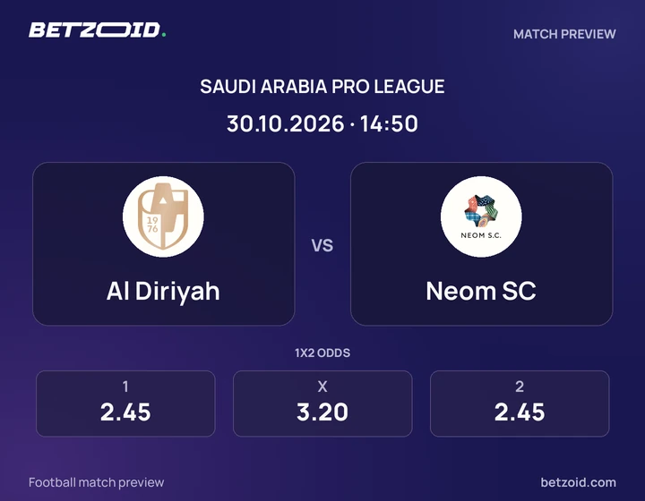 Al Diriyah - Neom SC Al Diriyah vs Neom SC: Saudi Arabia Pro League match preview with team badges and kick-off details.