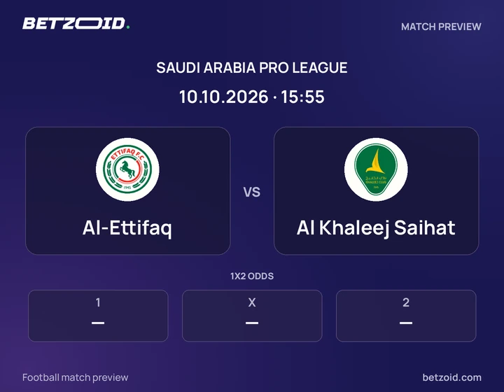Al-Ettifaq vs Al Khaleej Saihat: Saudi Arabia Pro League match preview with team badges and kick-off details.