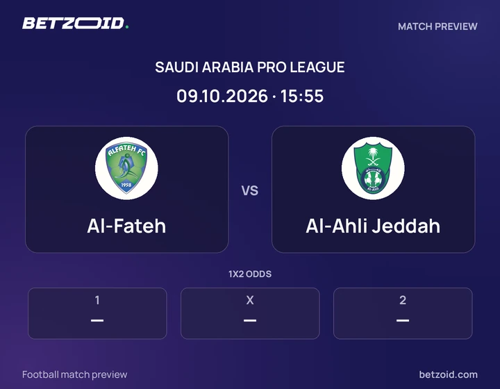 Al-Fateh vs Al-Ahli Jeddah: Saudi Arabia Pro League match preview with team badges and kick-off details.