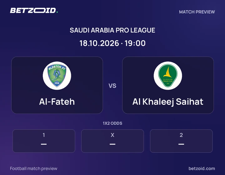 Al-Fateh - Al Khaleej Saihat Al-Fateh vs Al Khaleej Saihat: Saudi Arabia Pro League match preview with team badges and kick-off details.