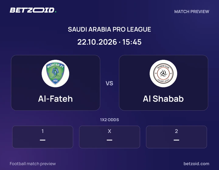 Al-Fateh vs Al Shabab: Saudi Arabia Pro League match preview with team badges and kick-off details.