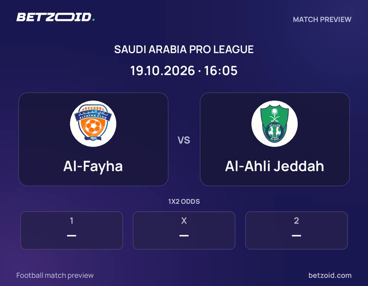 Al-Fayha - Al-Ahli Jeddah Al-Fayha vs Al-Ahli Jeddah: Saudi Arabia Pro League match preview with team badges and kick-off details.