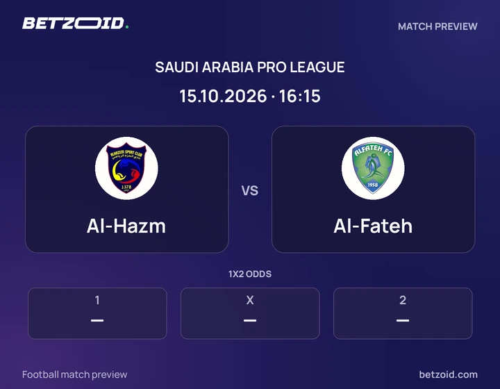 Al-Hazm - Al-Fateh Al-Hazm vs Al-Fateh: Saudi Arabia Pro League match preview with team badges and kick-off details.