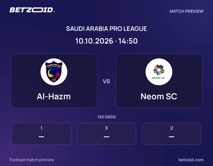 Al-Hazm vs Neom SC: Saudi Arabia Pro League match preview with team badges and kick-off details.