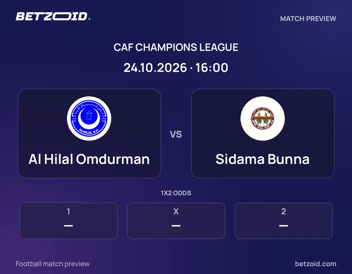 Al Hilal Omdurman vs Sidama Bunna: CAF Champions League match preview with team badges and kick-off details.