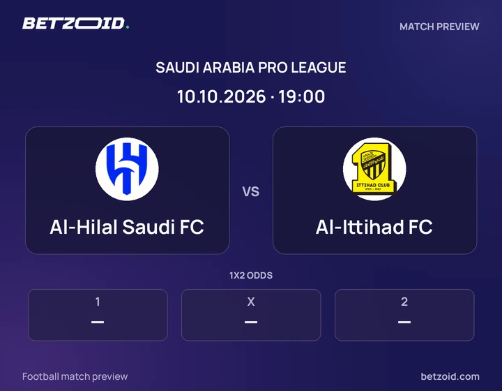 Al-Hilal Saudi FC vs Al-Ittihad FC: Saudi Arabia Pro League match preview with team badges and kick-off details.