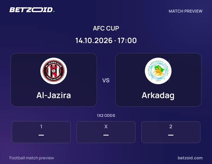 Al-Jazira vs Arkadag: AFC Cup match preview with team badges and kick-off details.