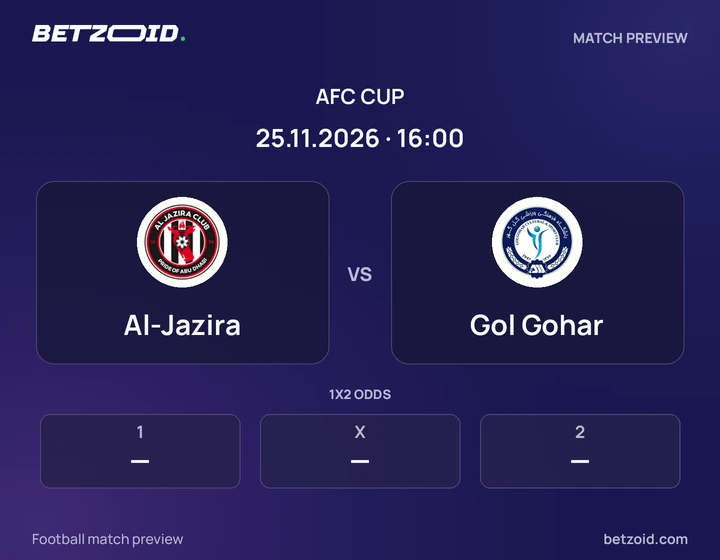 Al-Jazira vs Gol Gohar: AFC Cup match preview with team badges and kick-off details.