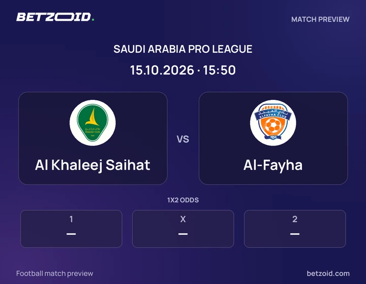 Al Khaleej Saihat - Al-Fayha Al Khaleej Saihat vs Al-Fayha: Saudi Arabia Pro League match preview with team badges and kick-off details.
