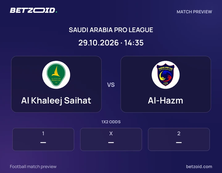 Al Khaleej Saihat - Al-Hazm Al Khaleej Saihat vs Al-Hazm: Saudi Arabia Pro League match preview with team badges and kick-off details.