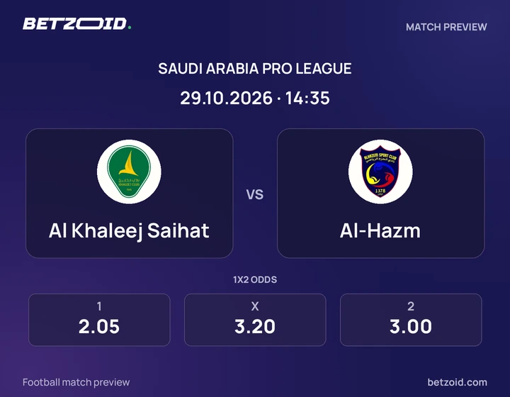 Al Khaleej Saihat - Al-Hazm Al Khaleej Saihat vs Al-Hazm: Saudi Arabia Pro League match preview with team badges and kick-off details.
